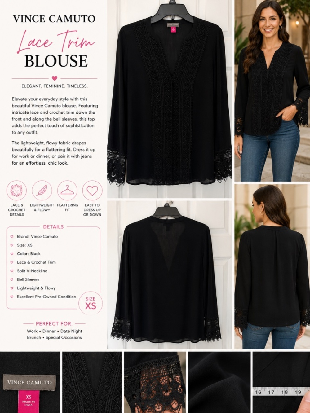 Vince Camuto Black Lace Trim Blouse XS Boho Chic Bell Sleeve Sheer Top